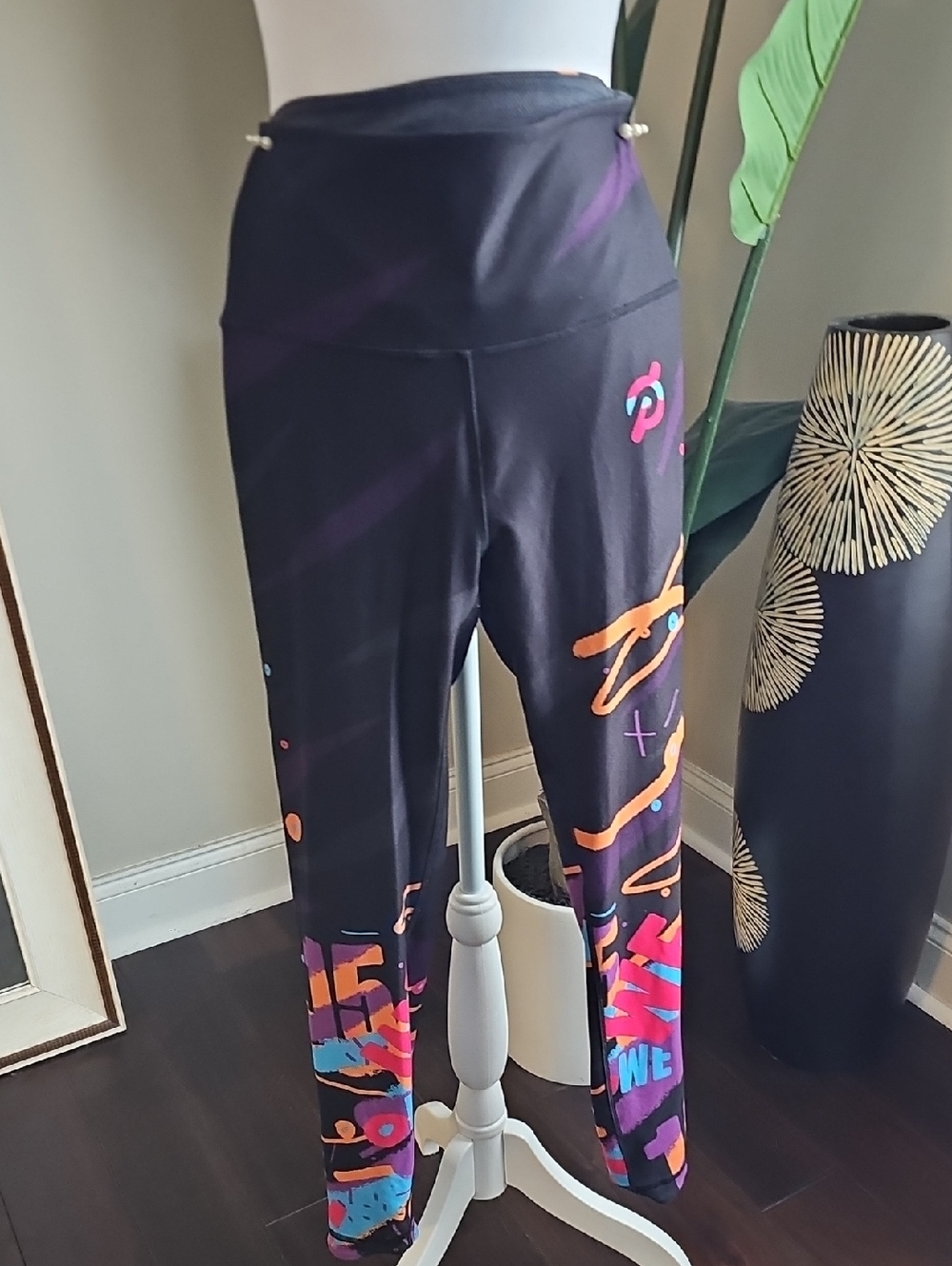 Peleton Black Graphic Workout Leggings with Neon Abstract Print